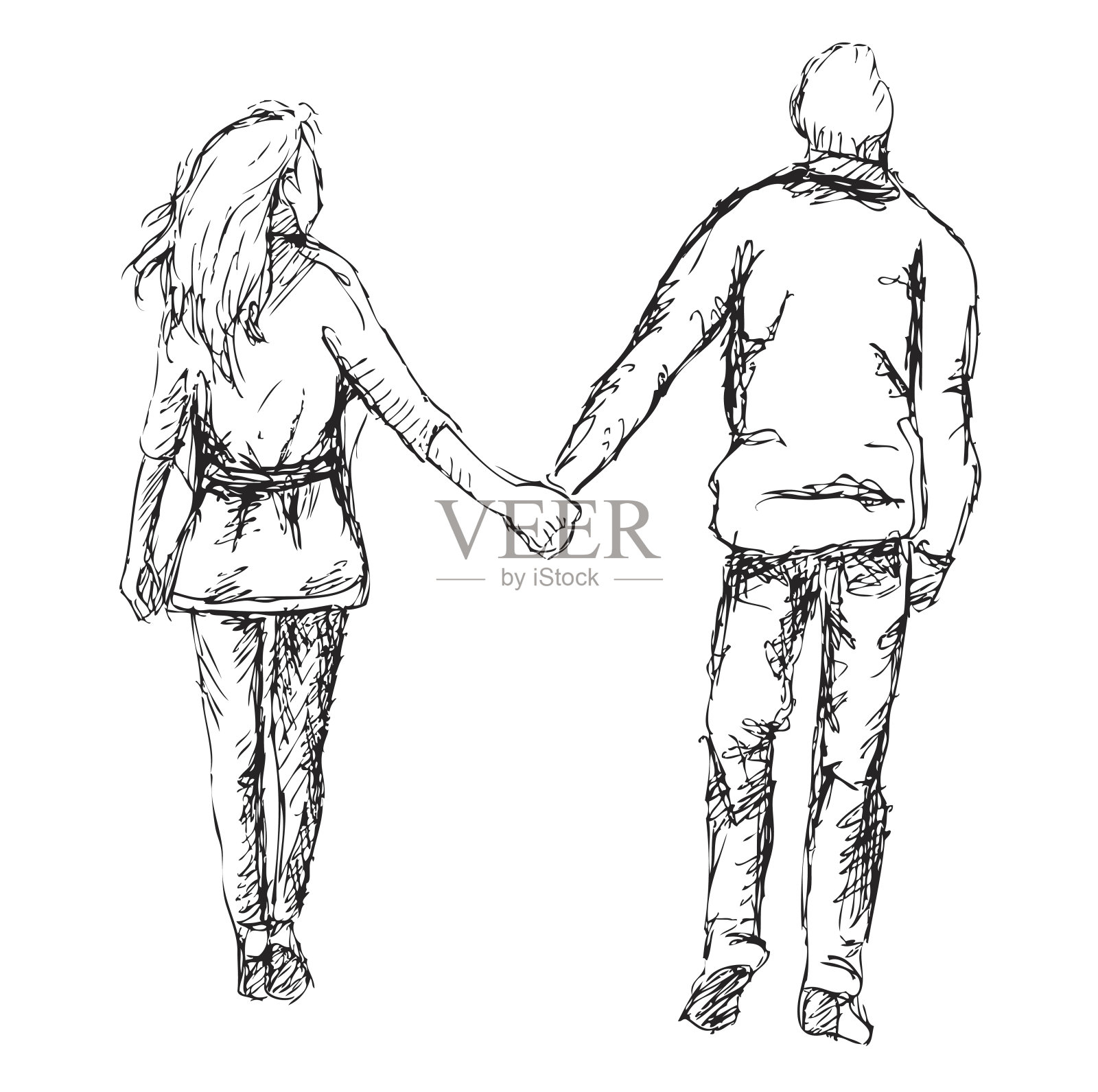 可爱的手画的年轻夫妇在散步插画图片素材