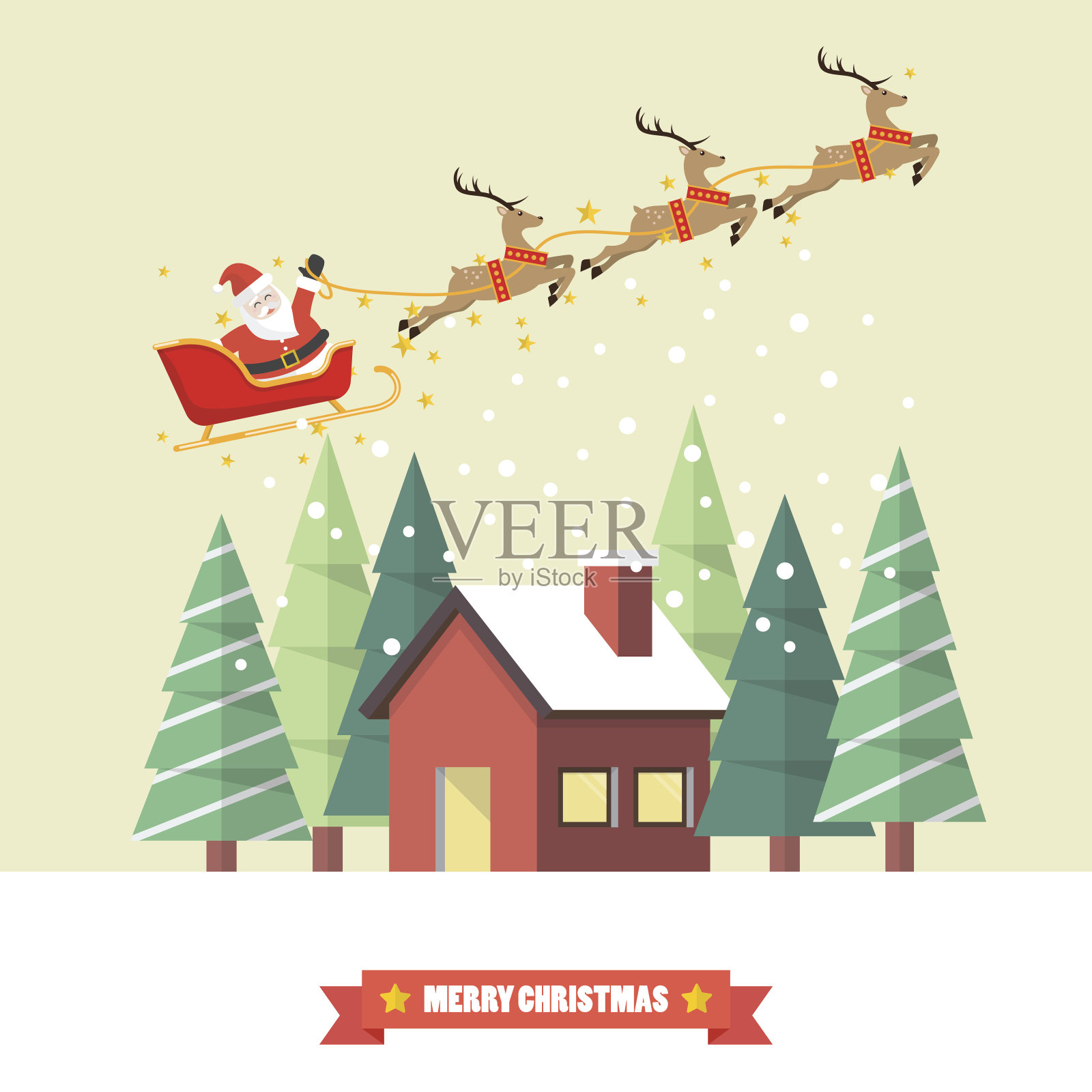 圣诞老人和他的驯鹿雪橇和冬天的房子插画图片素材