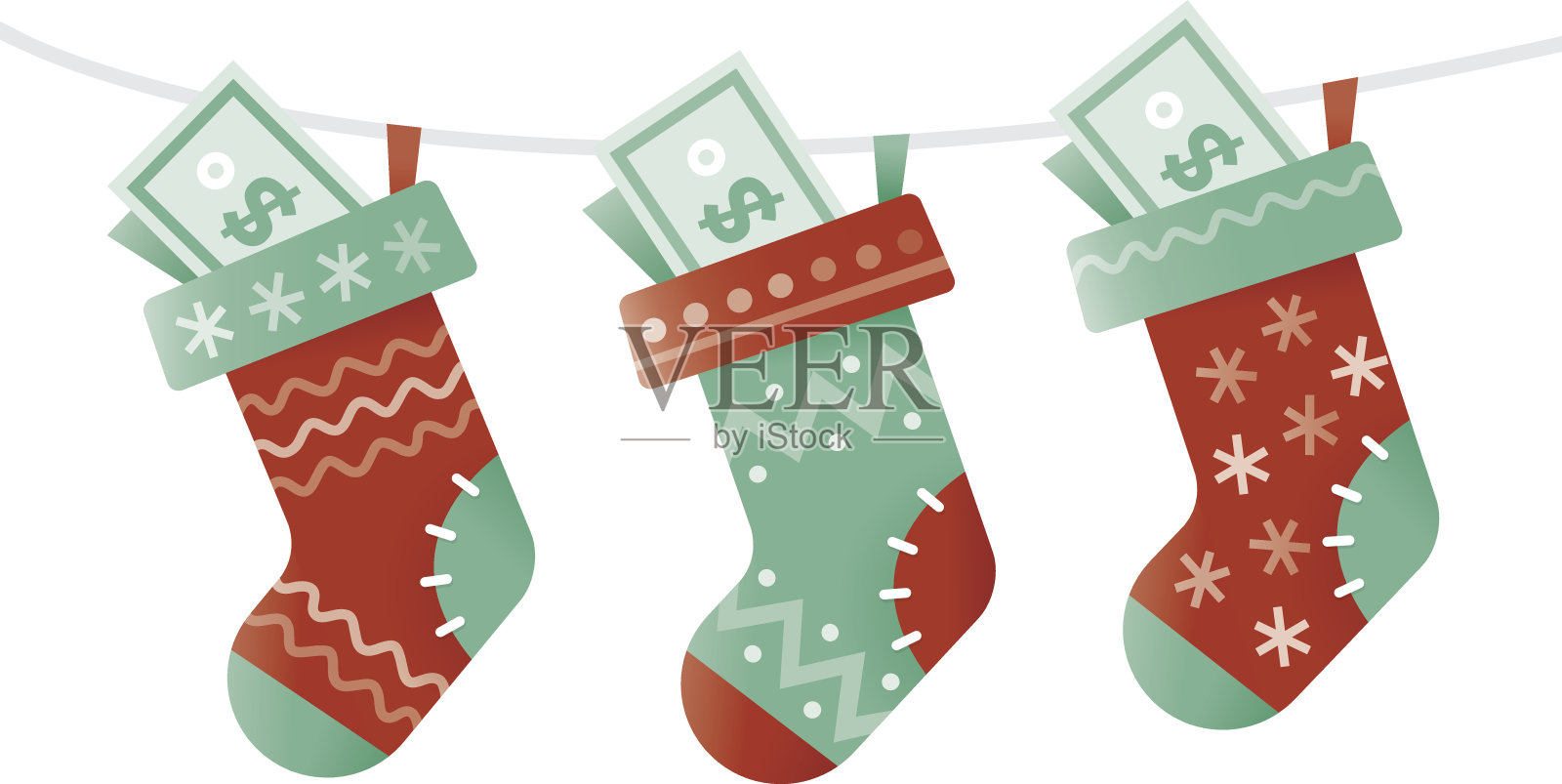 塞满钱的圣诞袜。新的成功商业年概念。插画图片素材