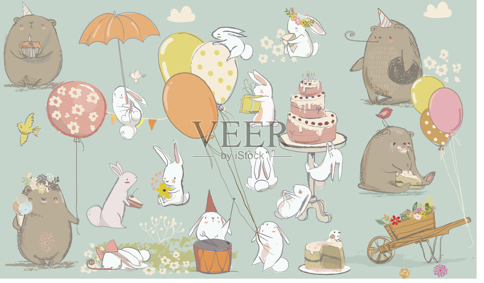 可爱的小熊和野兔的生日卡片插画图片素材