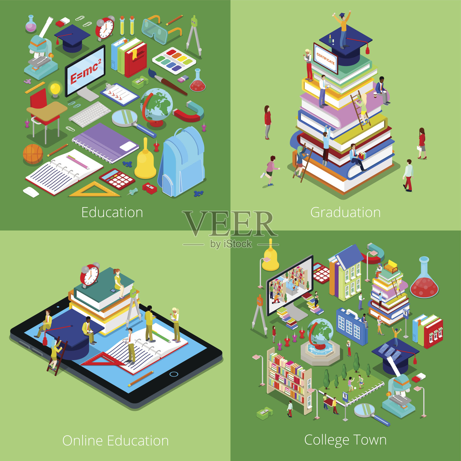 等距的教育概念。大学毕业、网络教育与学生插画图片素材