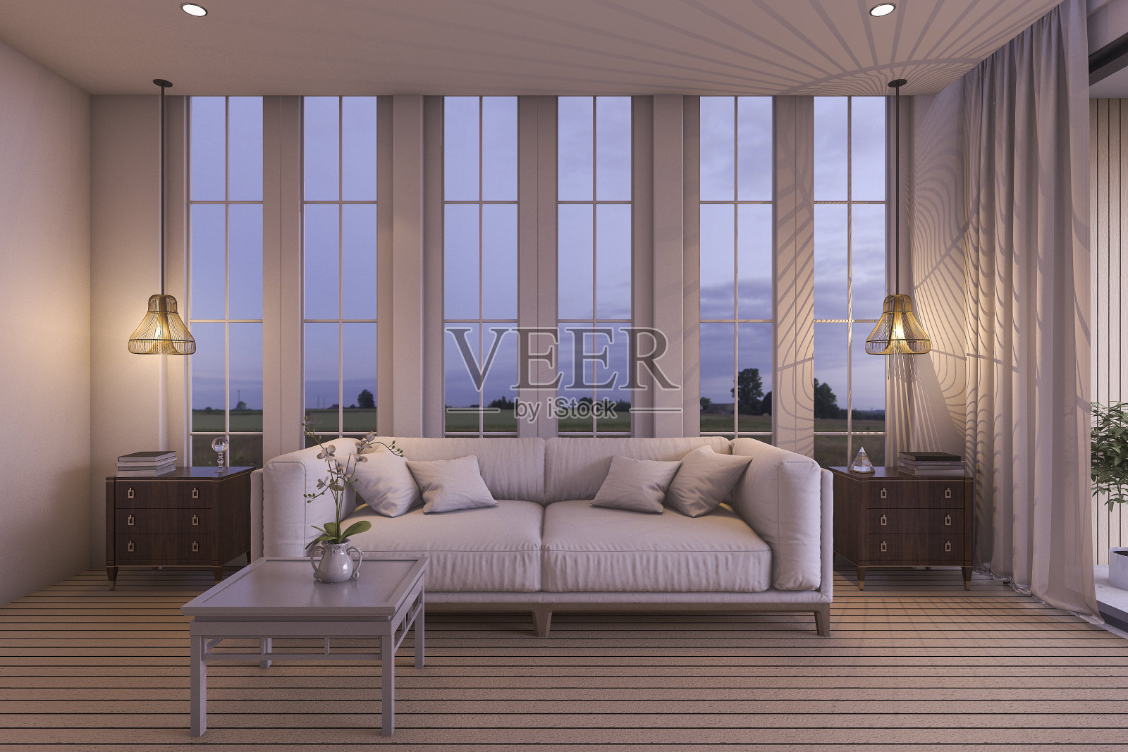 3d渲染白色沙发在美丽的客厅靠近海边照片摄影图片