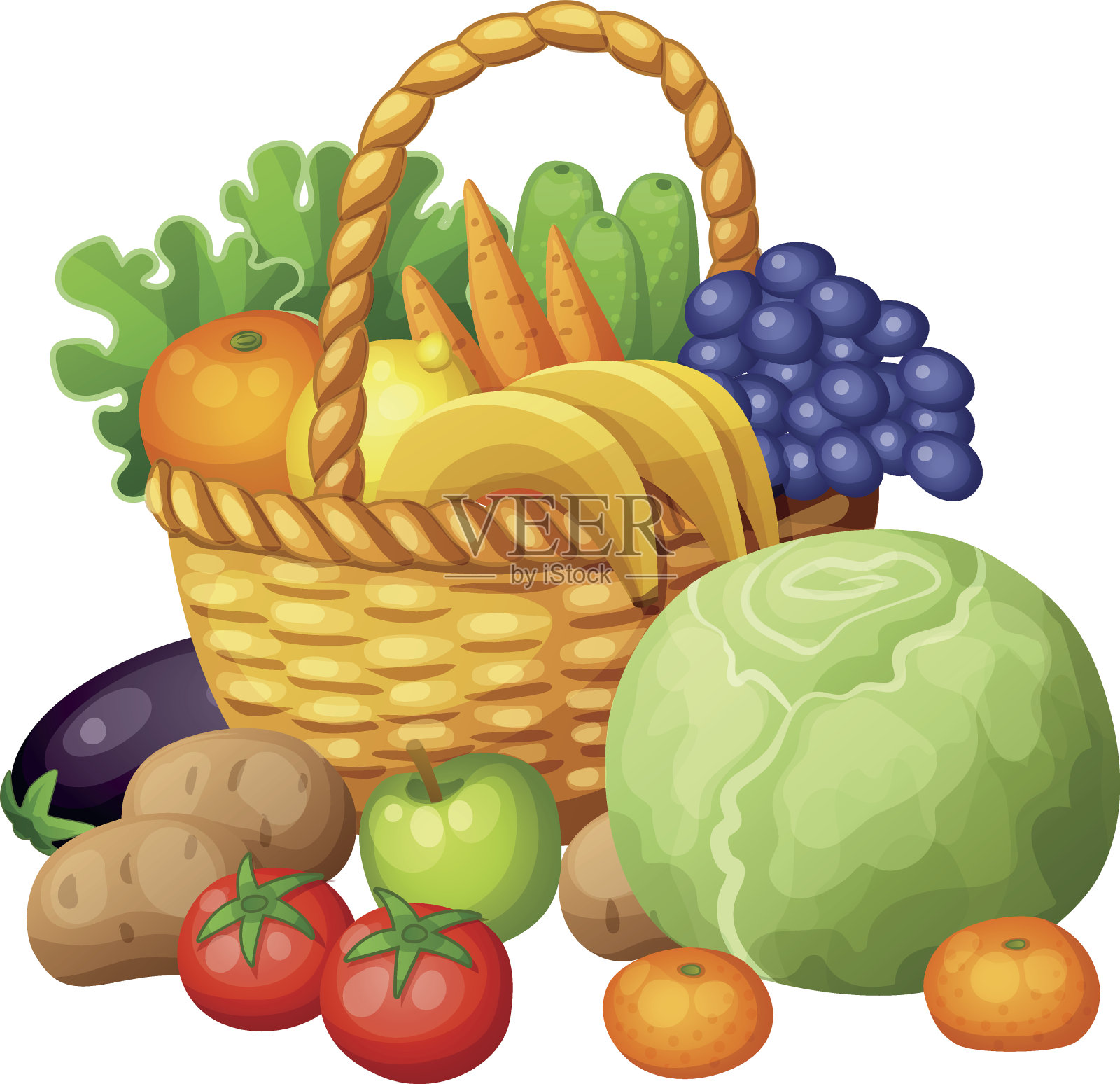 水果和蔬菜在篮子里。卡通矢量插图孤立插画图片素材