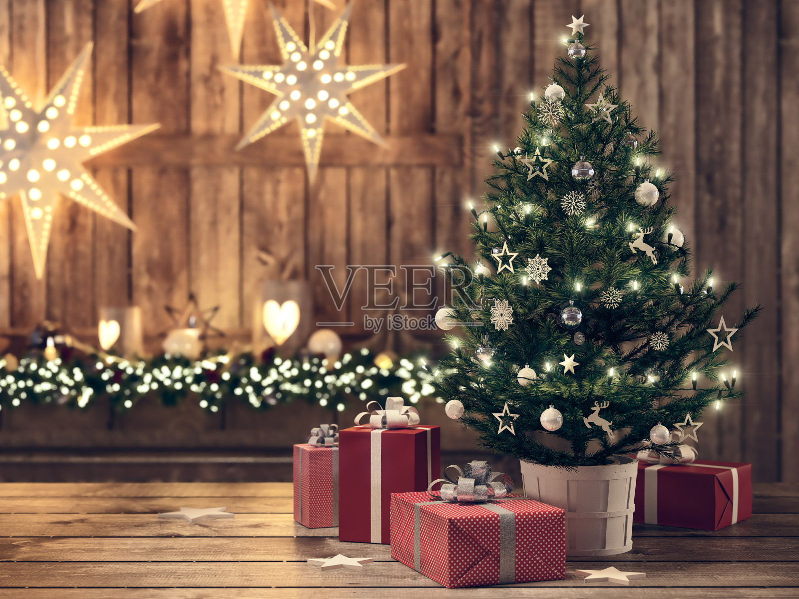 美丽的礼物与圣诞树。三维渲染照片摄影图片