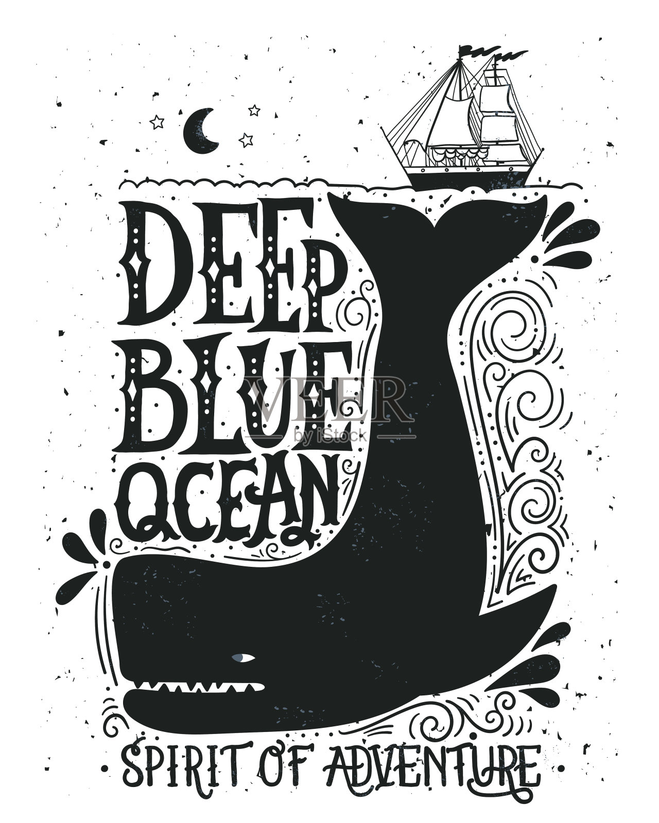 手绘航海vintage标签与鲸鱼，船，字母设计元素图片