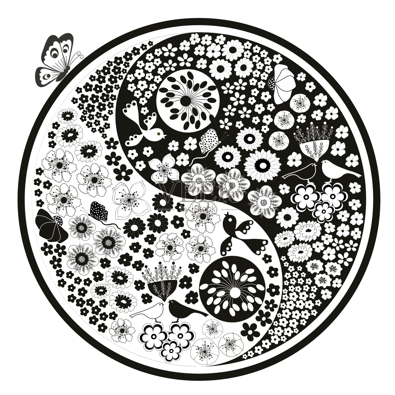 黑白花，阴阳花插画图片素材