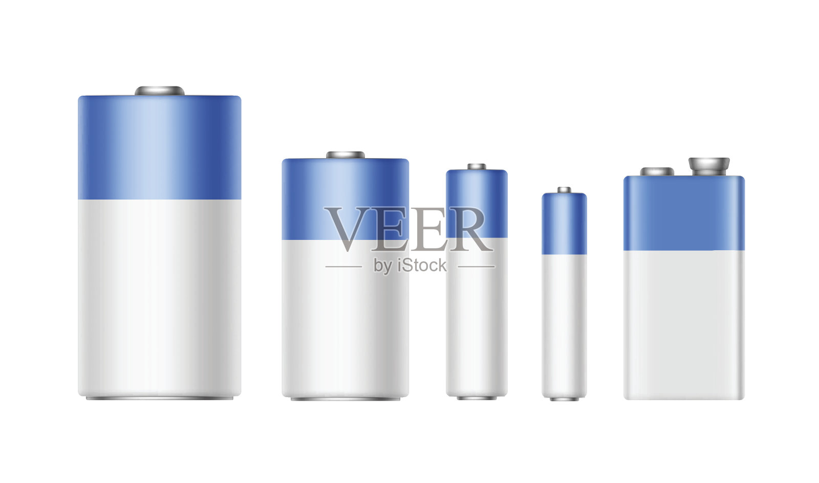 白蓝电池AAA, AA, C, D, PP3, 9伏设计元素图片
