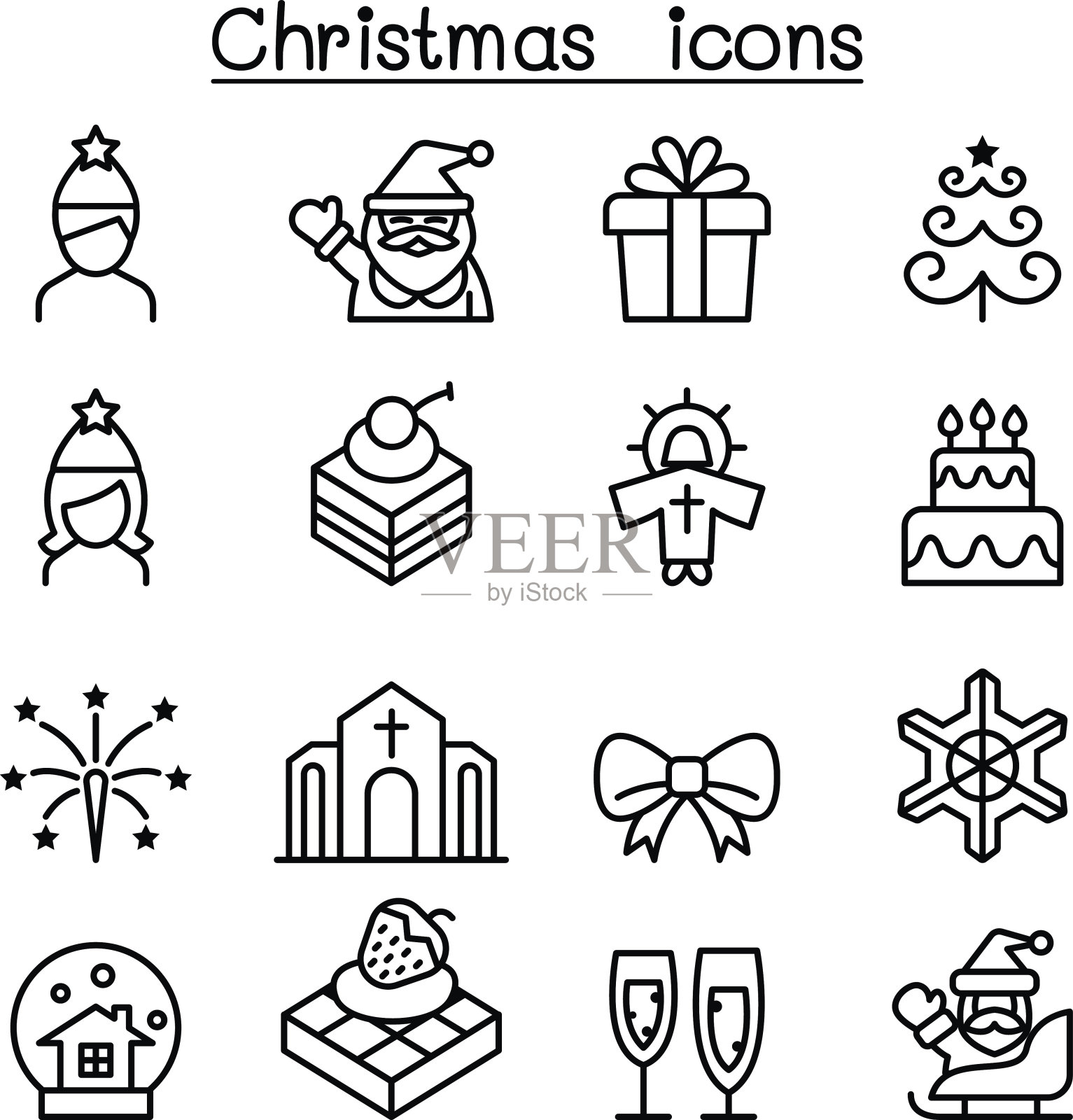 基本的圣诞图标设置在细线风格图标素材