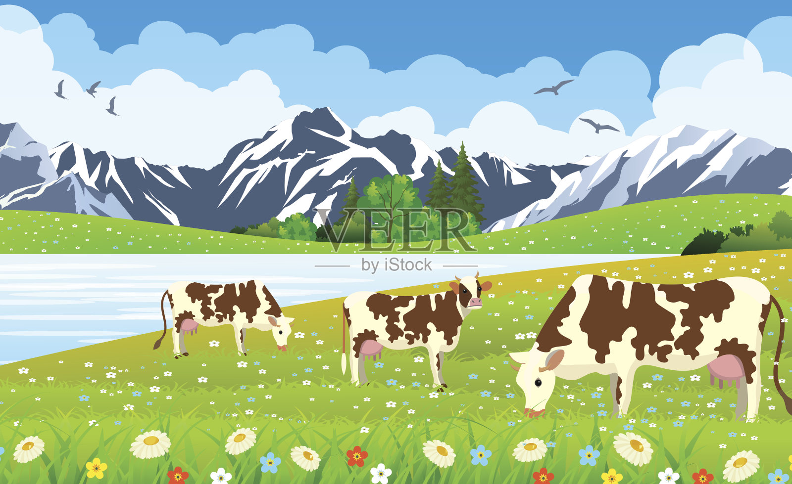 三头牛在一个风景和农场。插画图片素材