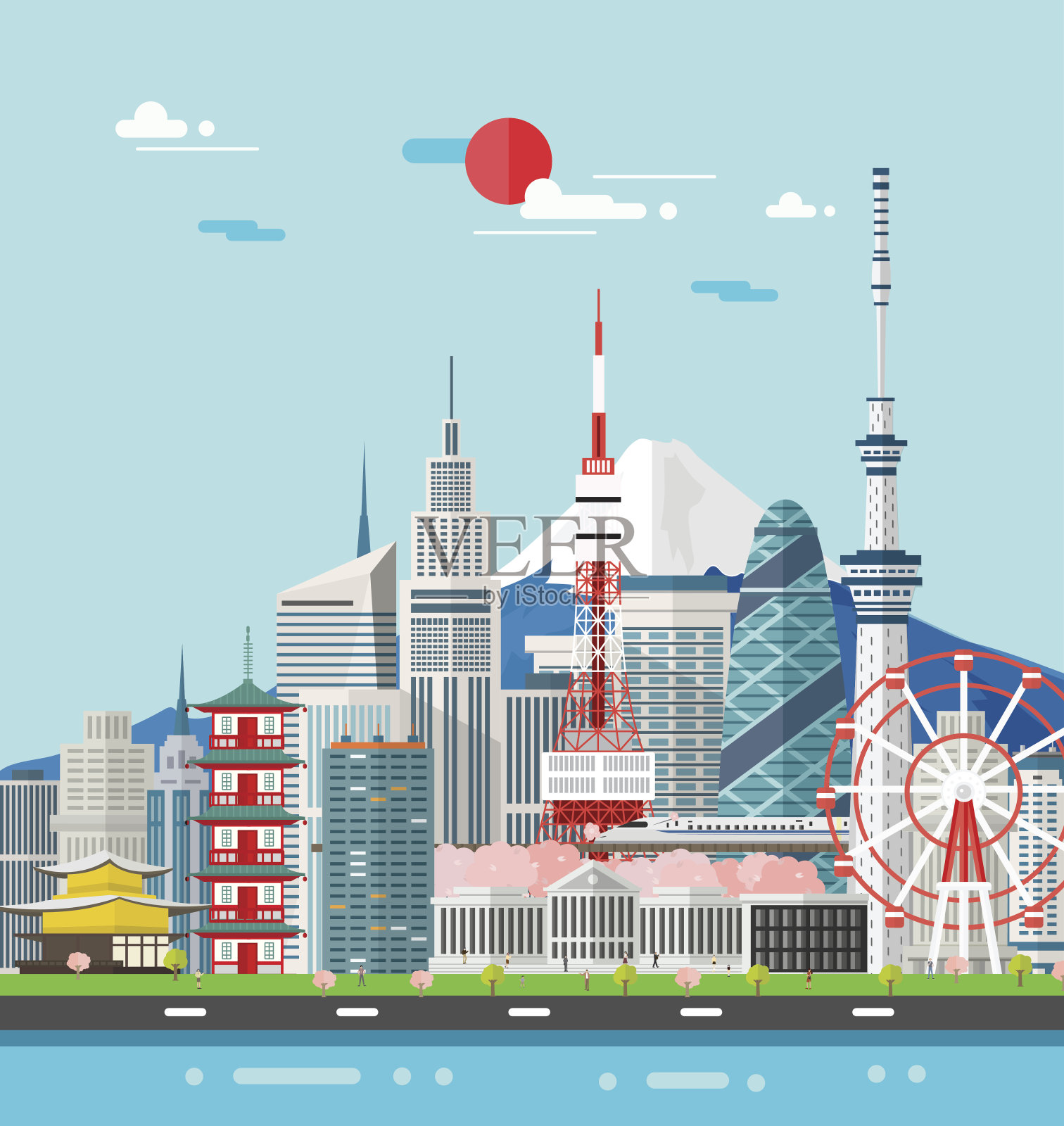 日本建筑旅游胜地和地标。矢量插图。插画图片素材