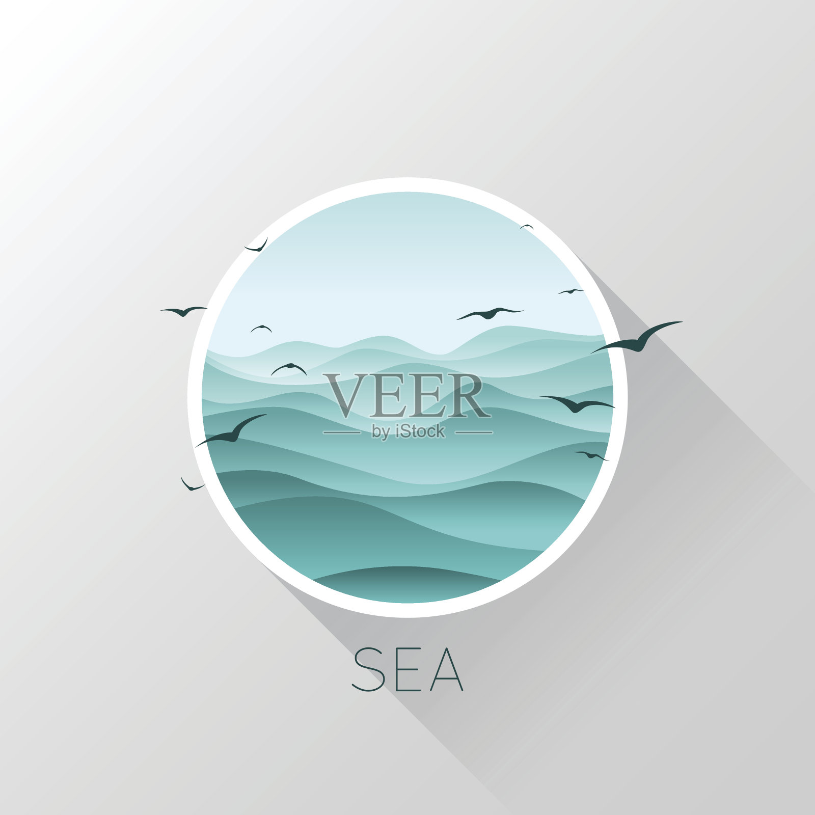 海图标。海浪和海鸥。矢量插图。插画图片素材