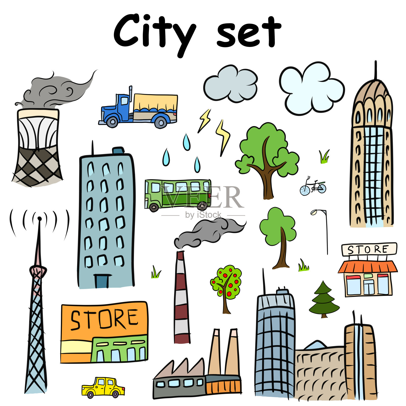 城市一套手绘图片。建筑物，工厂，树木，云彩插画图片素材