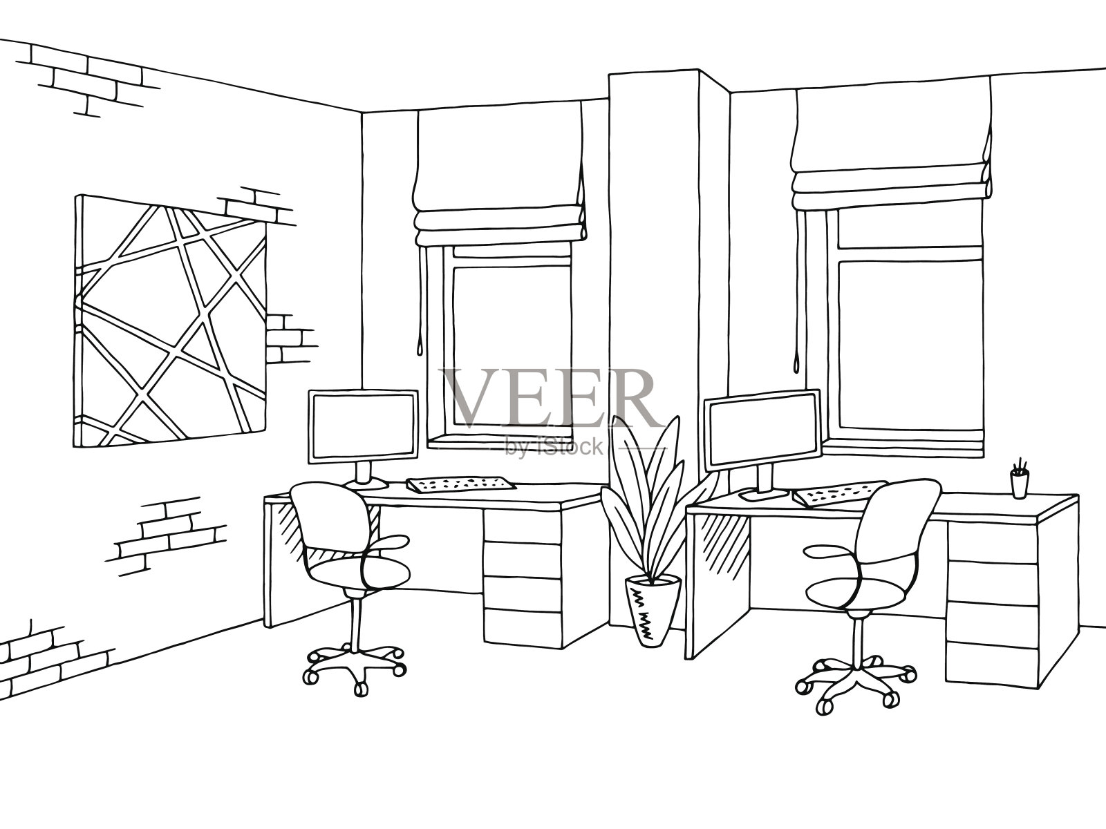 办公室图形室内黑白草图插图矢量插画图片素材