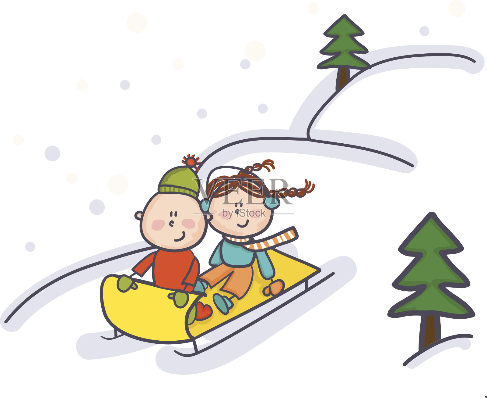 拉雪橇的孩子插画图片素材