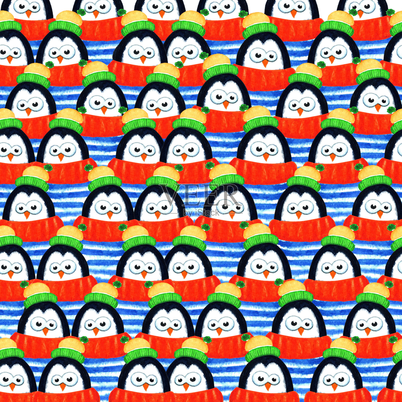 群企鹅。水彩插图插画图片素材