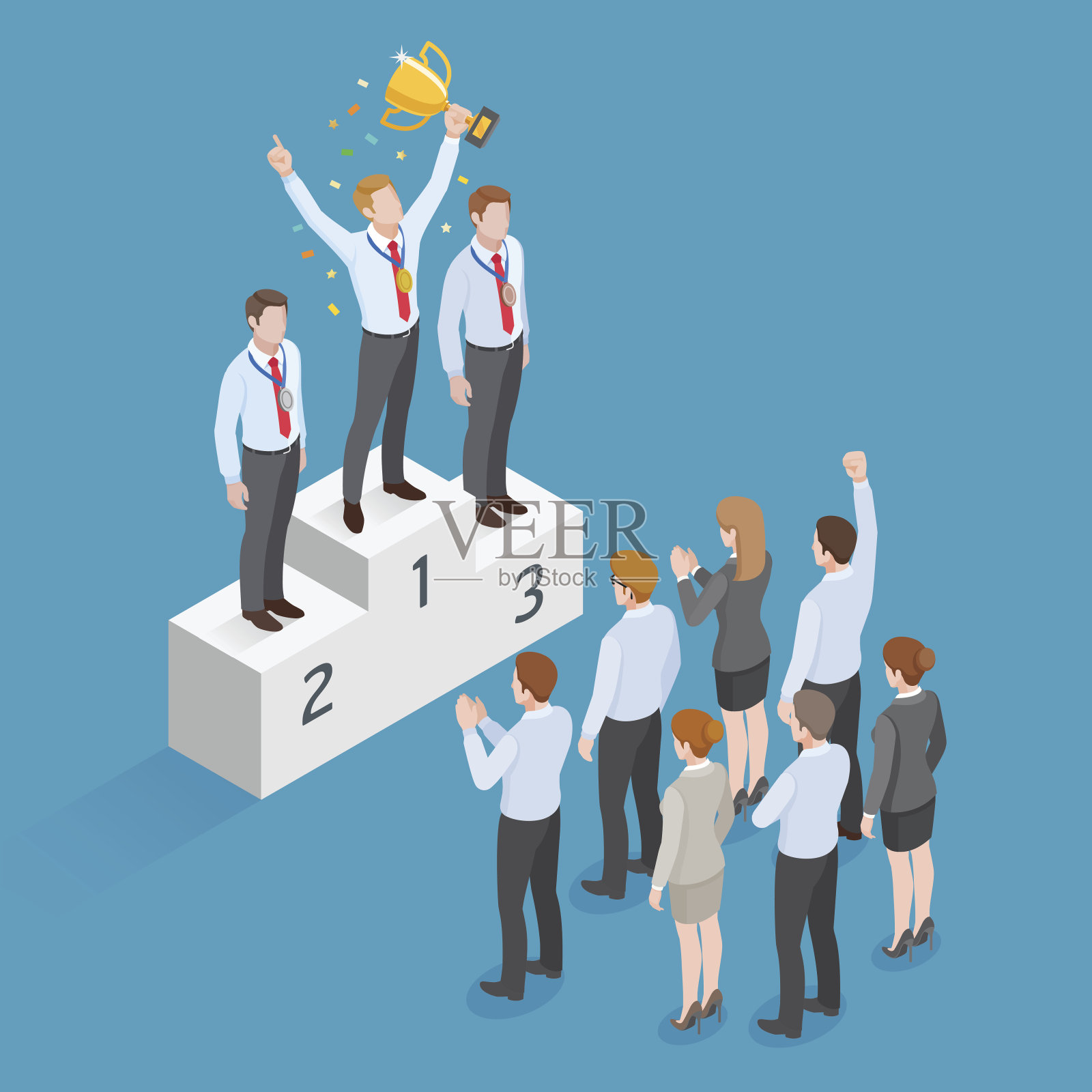 商务人士等距概念设计。冠军商人站在高台上，和一群商人一起举着冠军奖杯。插画图片素材