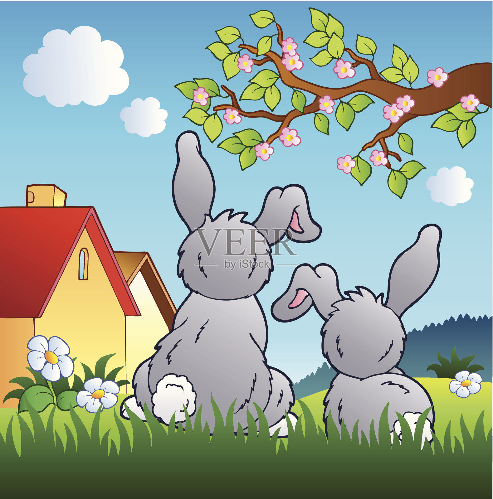 草地和两只兔子插画图片素材