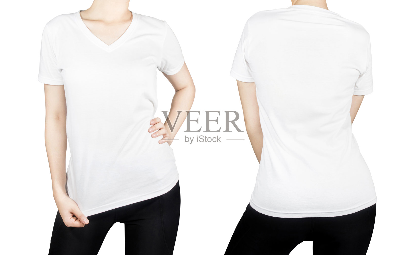 白色女性t恤与正面和背面孤立的白色。照片摄影图片