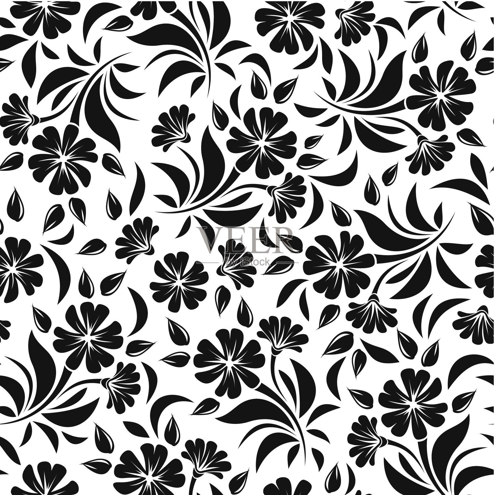 无缝模式与黑色的花在一个白色的背景。向量。插画图片素材