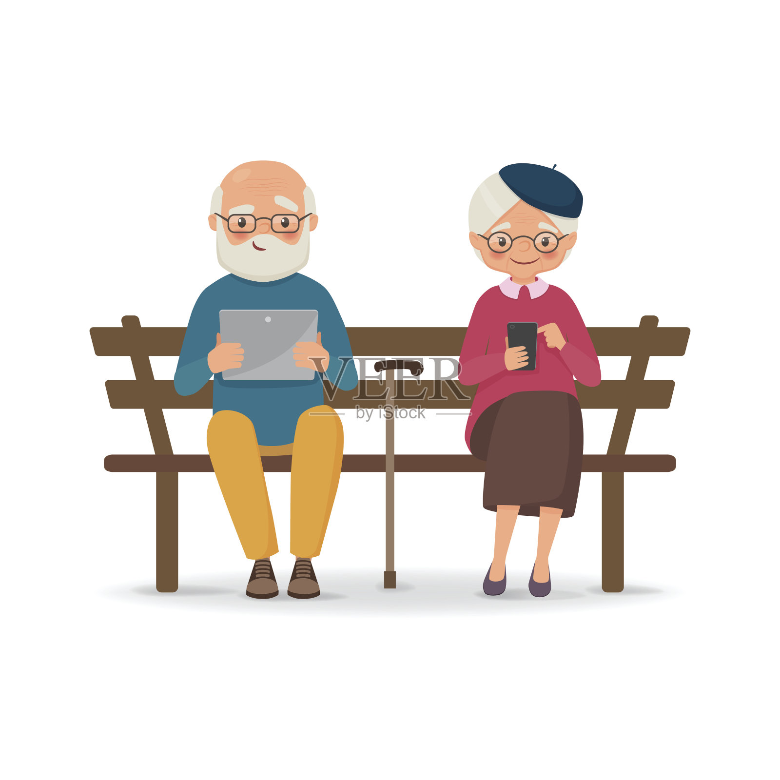 一对老夫妇拿着小玩意坐在长椅上设计元素图片