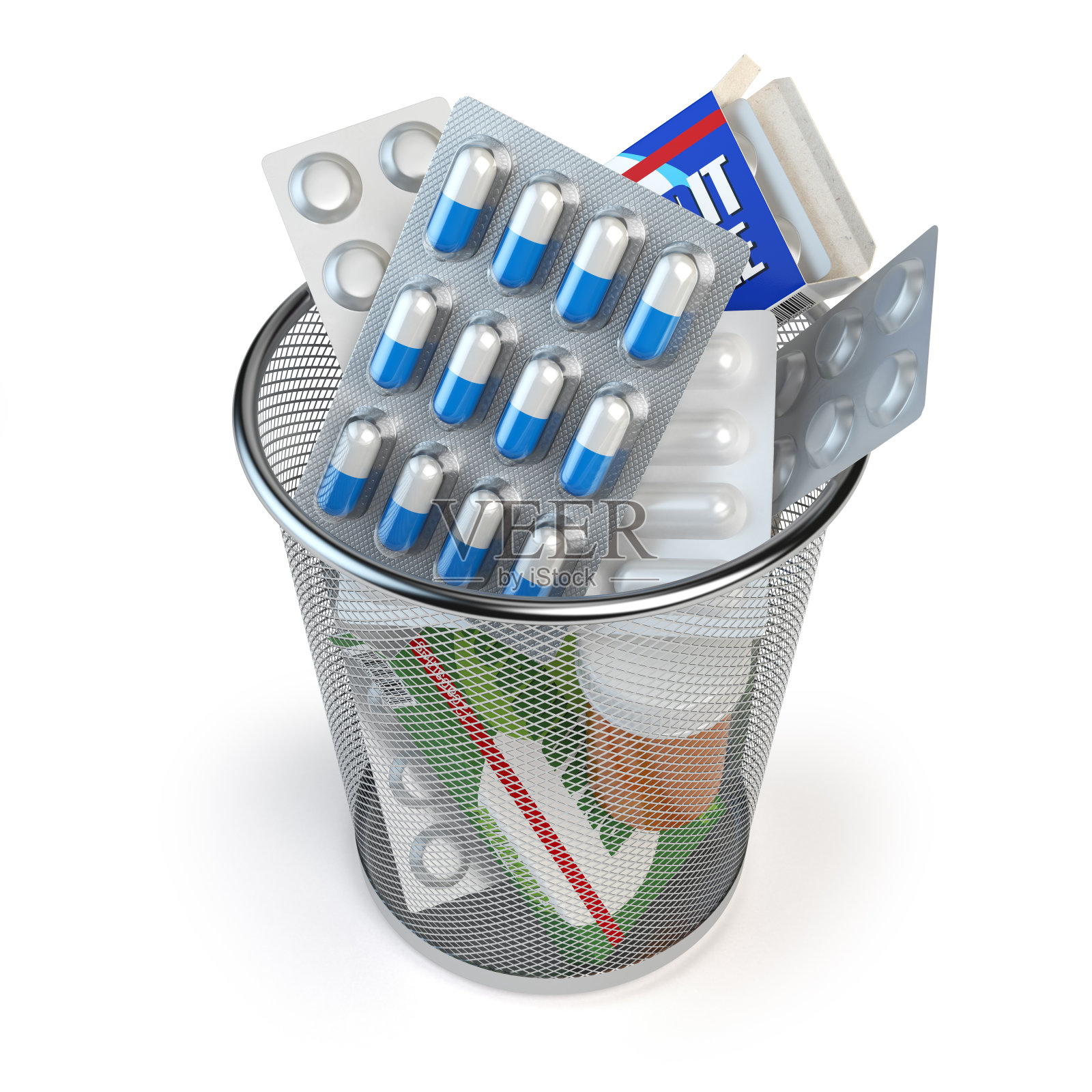 药片、胶囊和药品被扔进垃圾桶。健康的生活方式的概念。插画图片素材