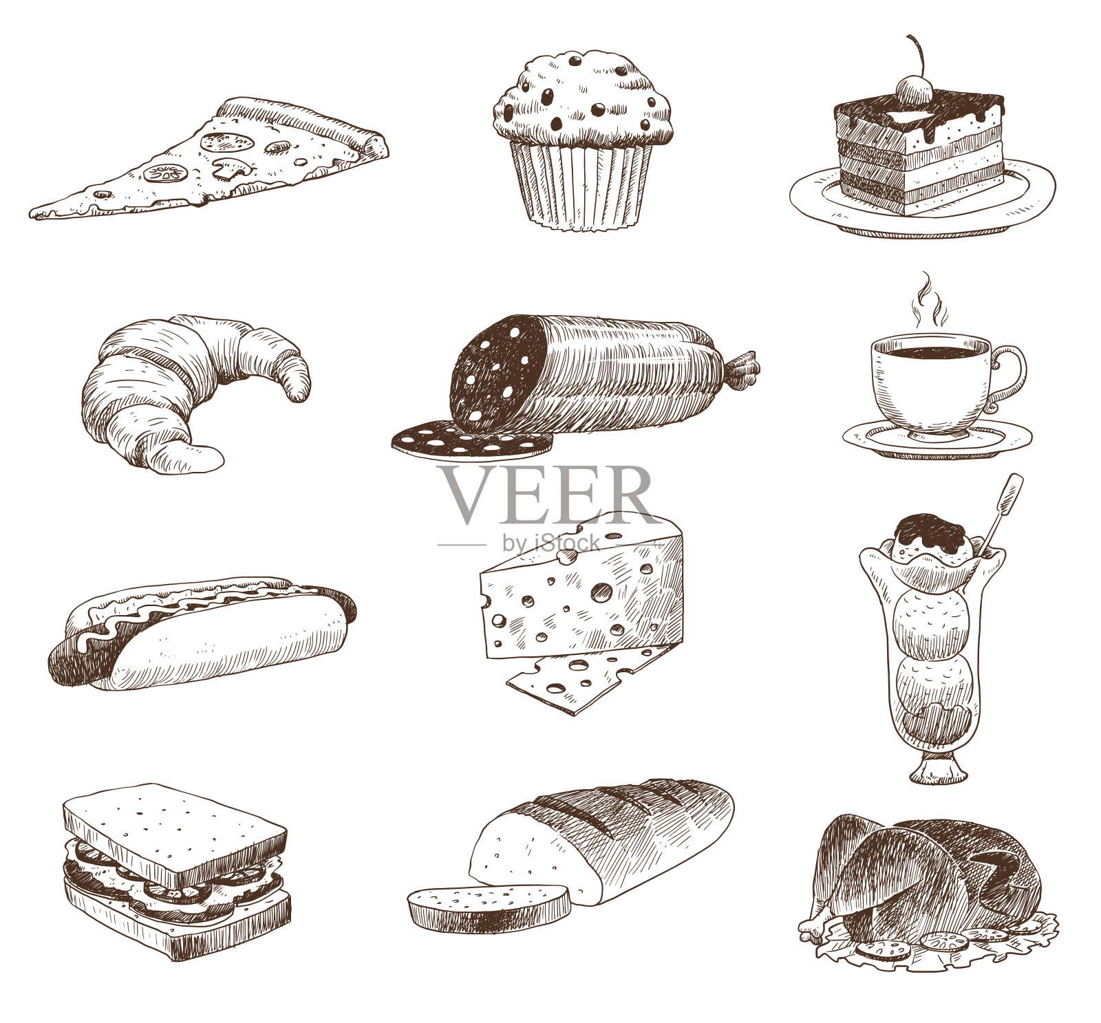 矢量手绘食物素描和厨房涂鸦。插画图片素材