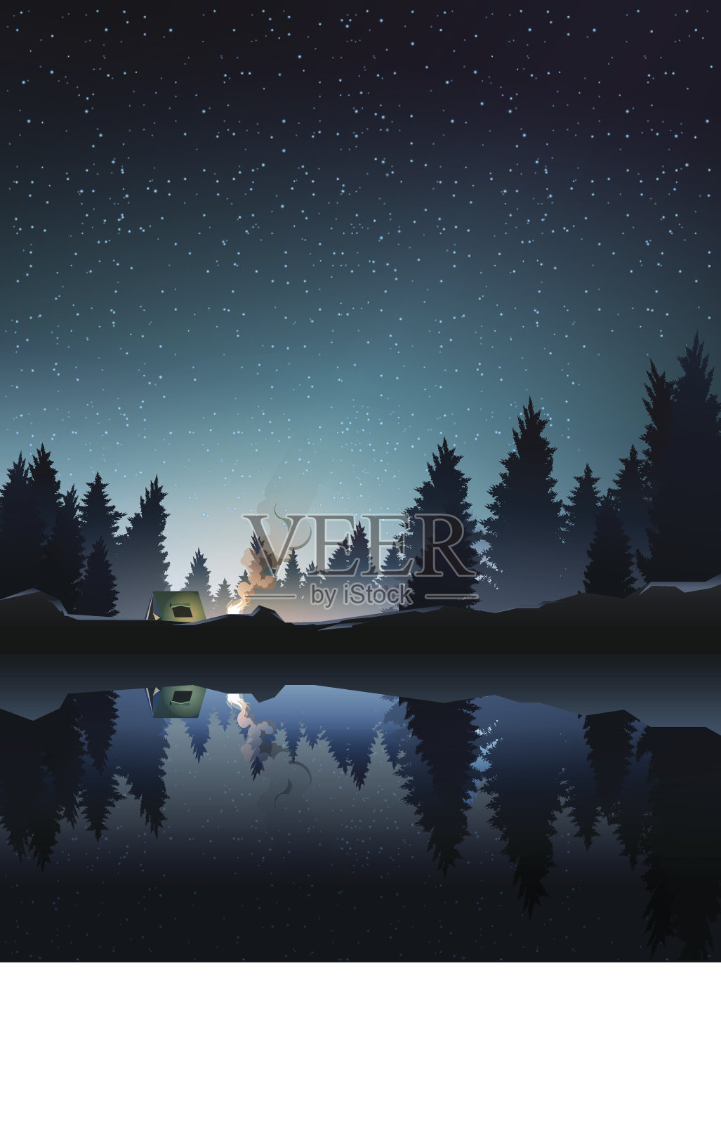 晚上在湖边的松林里露营插画图片素材