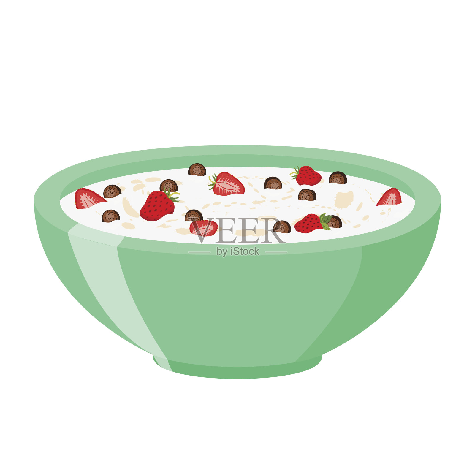 谷物巧克力球和草莓。牛奶、燕麦早餐。平的风格。插画图片素材