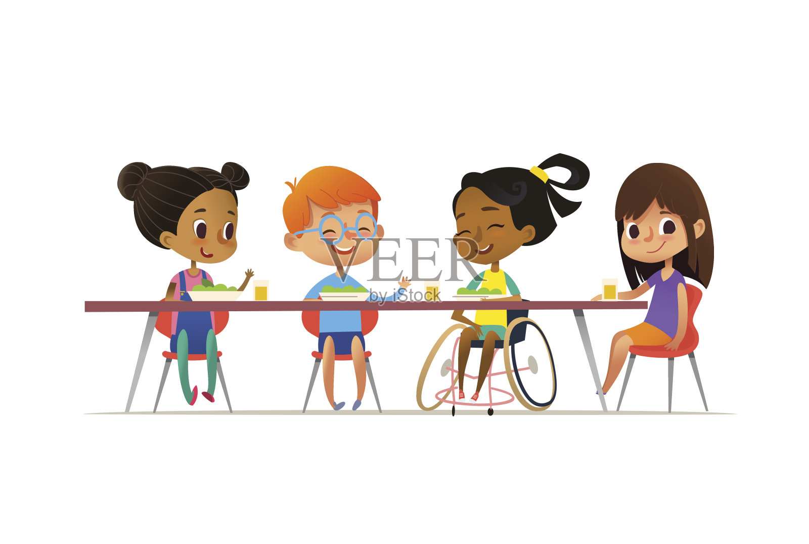 坐轮椅的女孩坐在饭桌旁和她的朋友聊天。快乐的混血儿们在吃午饭。学校包含的概念。矢量插图网站，广告，海报，传单。插画图片素材