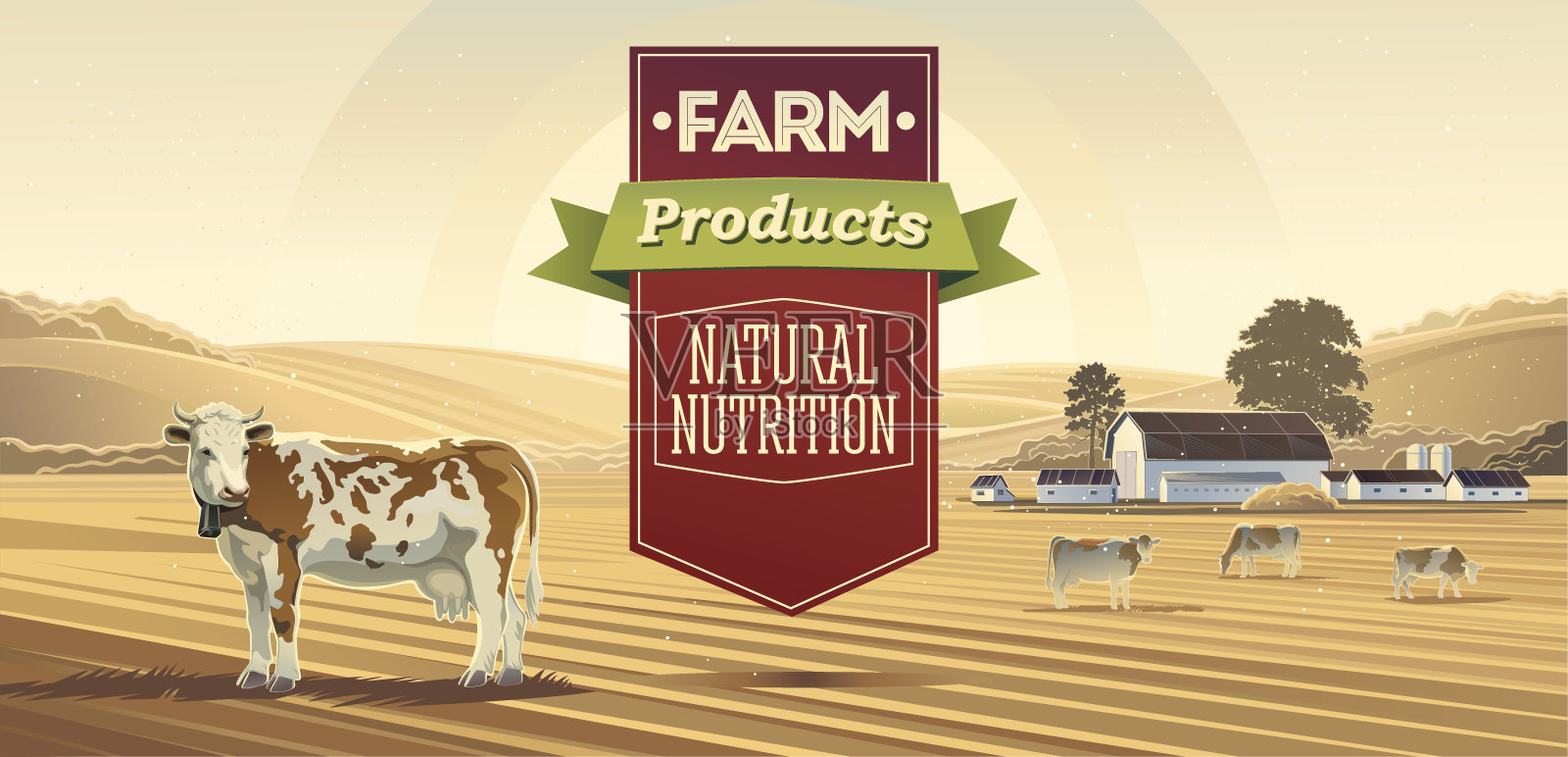 以奶牛和农场为背景的天然产品标签设计插画图片素材
