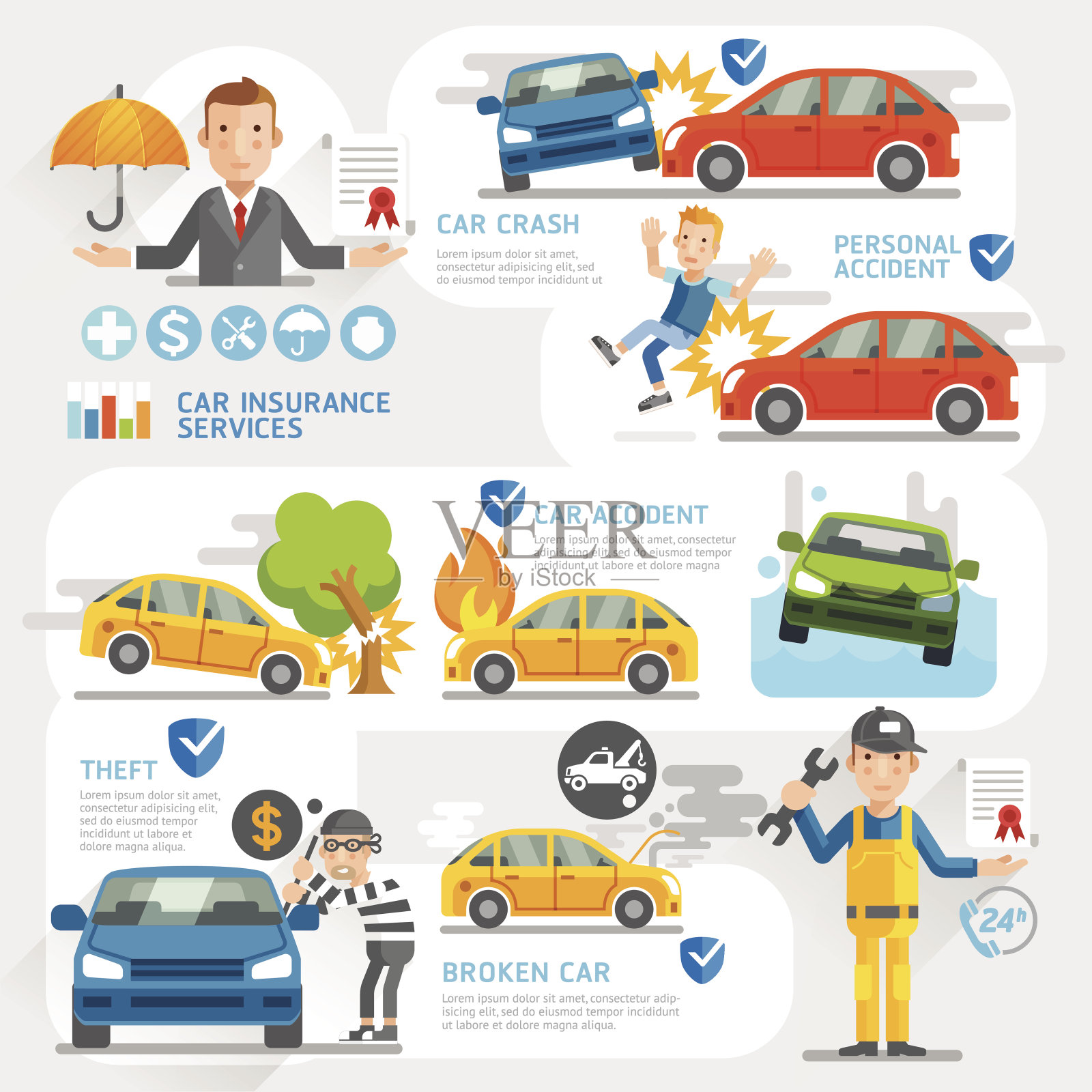 车险业务特征和图标模板。插画图片素材