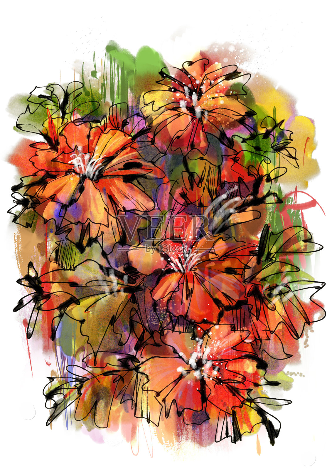 色彩丰富的抽象花卉水彩风格插画图片素材