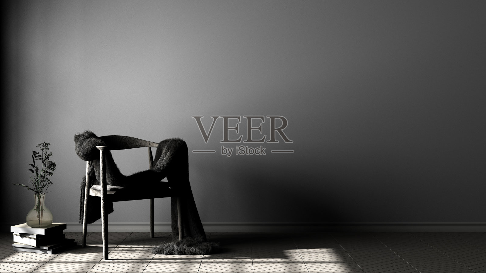 斯堪的纳维亚灰色背景，毛皮木制扶手椅人字形天然拼花地板，夜景，室内设计照片摄影图片
