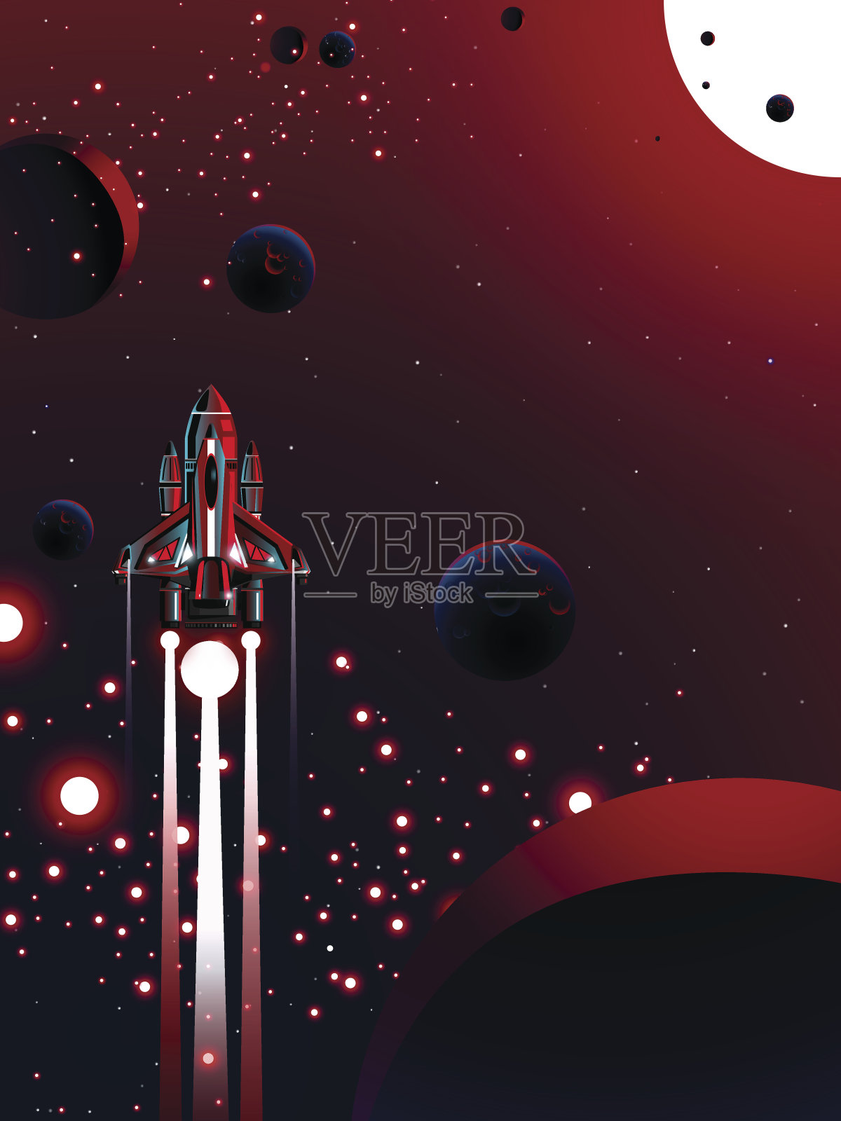 宇宙背景中带有红色星尘卫星和小行星带的红色宇宙飞船插画图片素材
