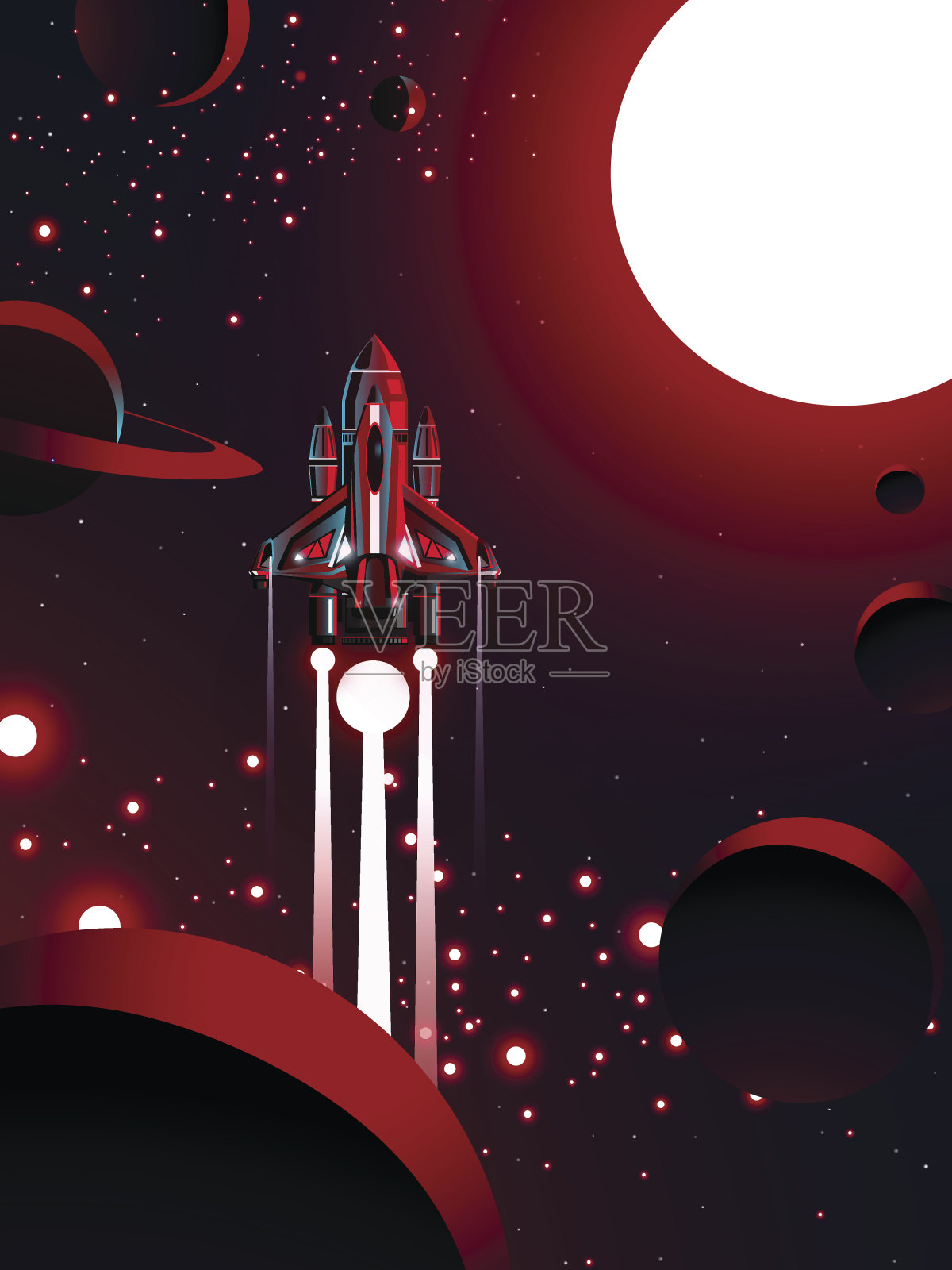 宇宙背景中带有红日星尘和小行星带的航天飞机插画图片素材