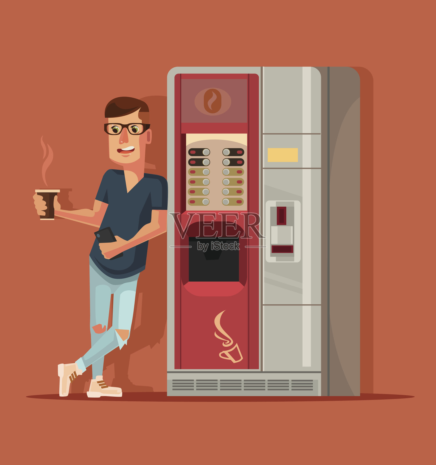 在咖啡机旁边喝咖啡的男人插画图片素材