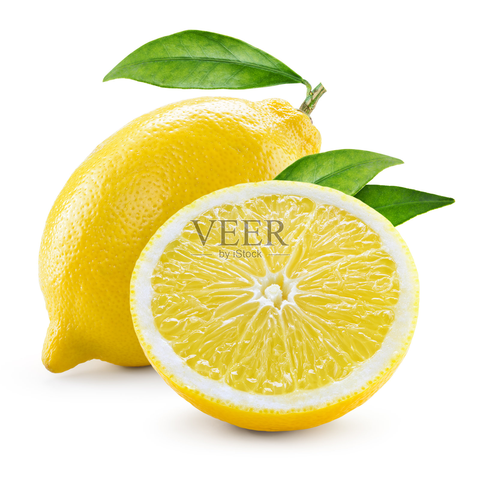 柠檬。果具一半和叶孤立在白色上照片摄影图片