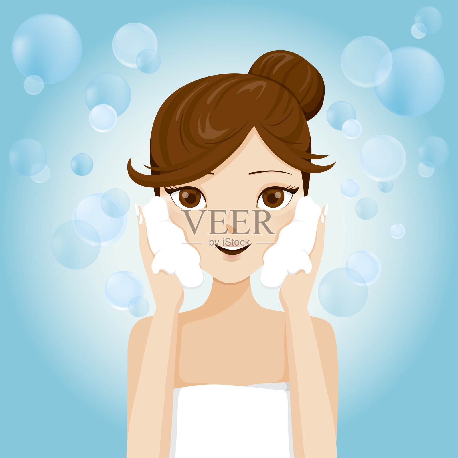 年轻女子用泡沫洗脸插画图片素材
