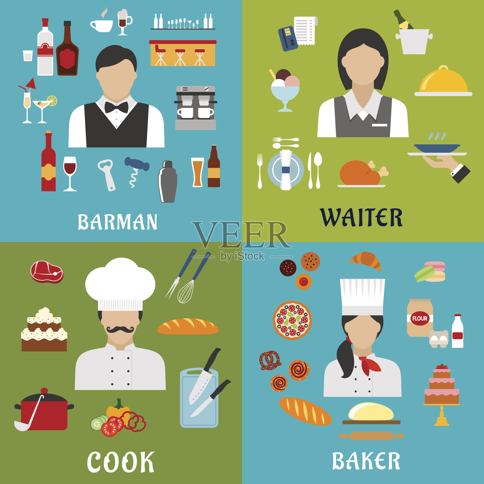 厨师、面包师、服务员和酒吧招待等职业插画图片素材