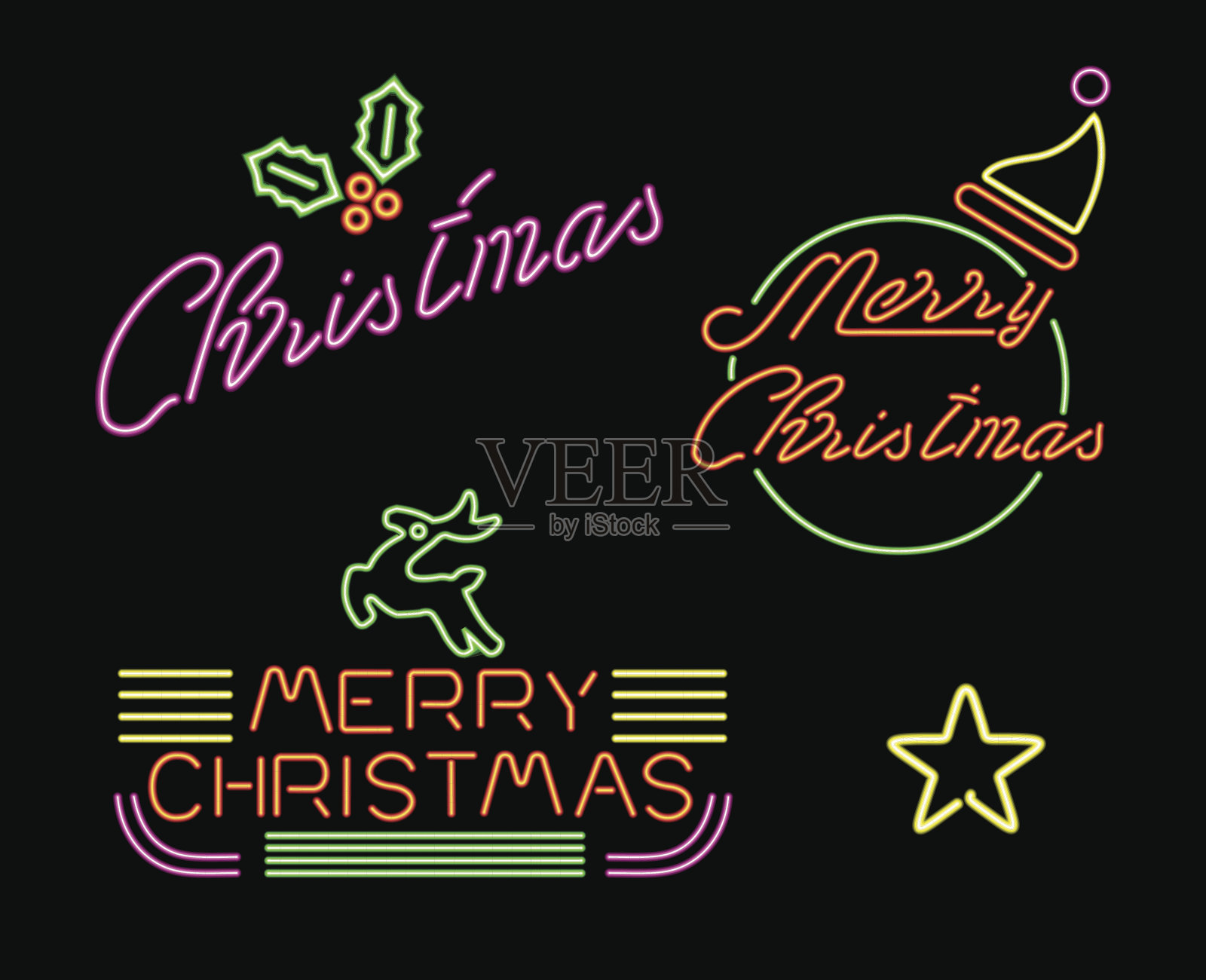 圣诞快乐设置复古霓虹灯标识标签插画图片素材