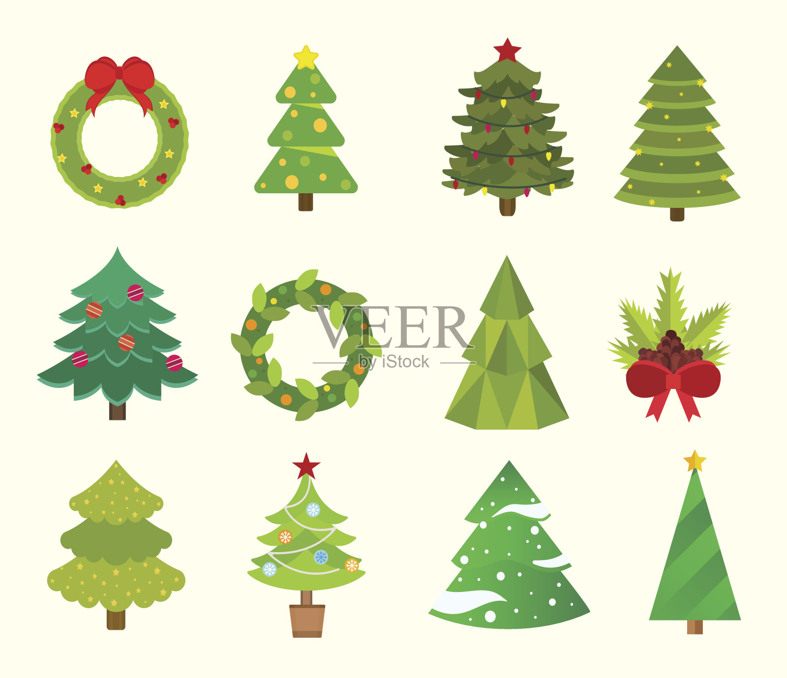 圣诞树平图标设置设计元素图片