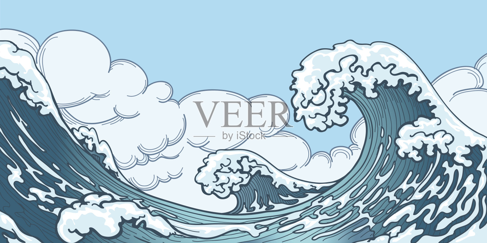 日本式的大海大浪插画图片素材