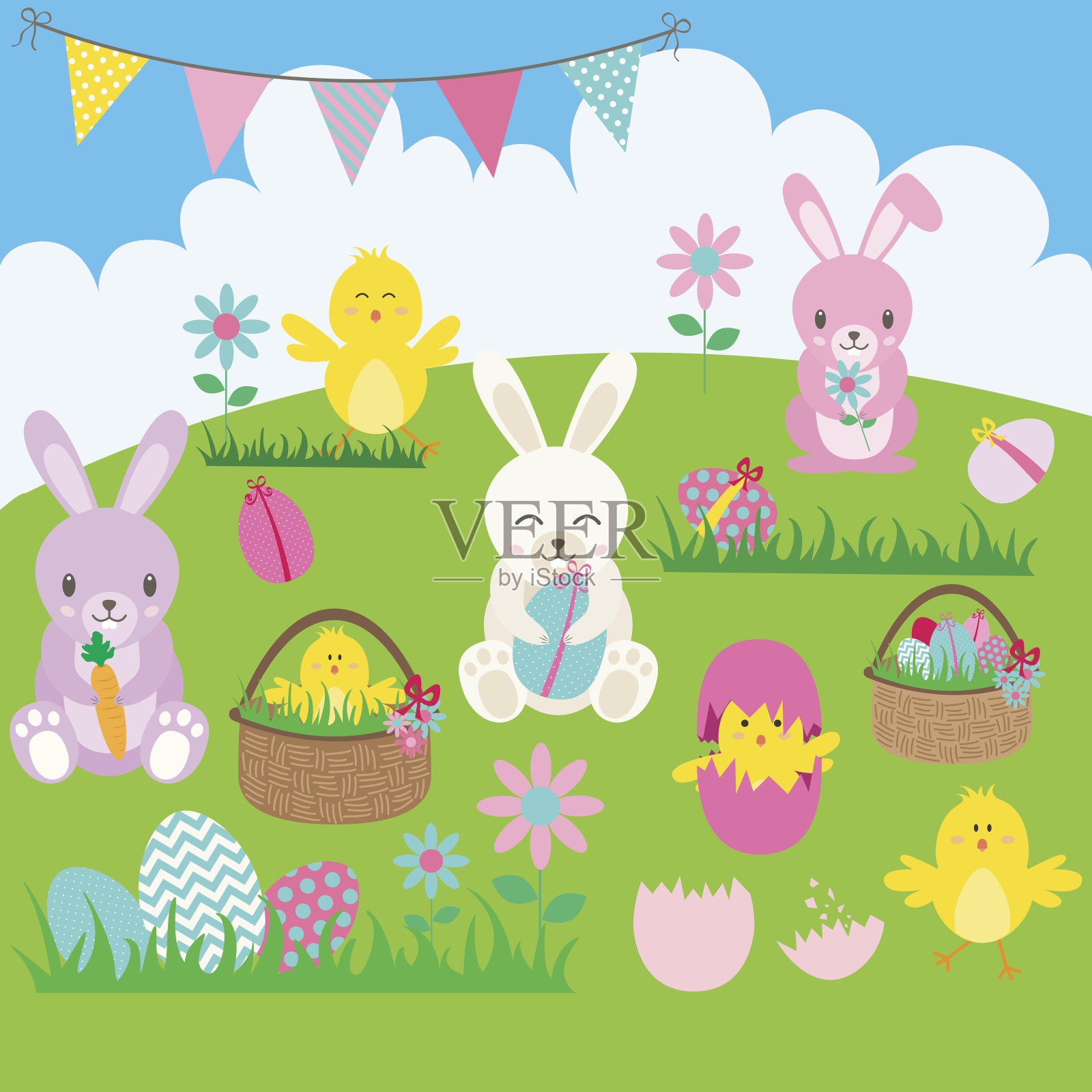 复活节兔子。篮子里,花朵,兔子,彩旗,复活节彩蛋、复活节小鸡。插画图片素材
