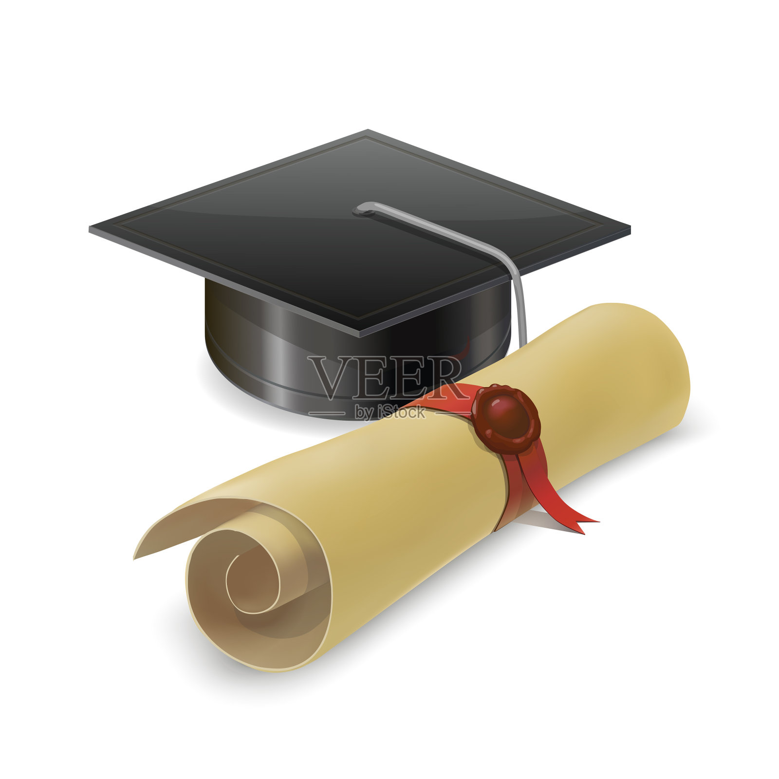 带毕业证书的毕业帽。在白色背景上隔离插画图片素材