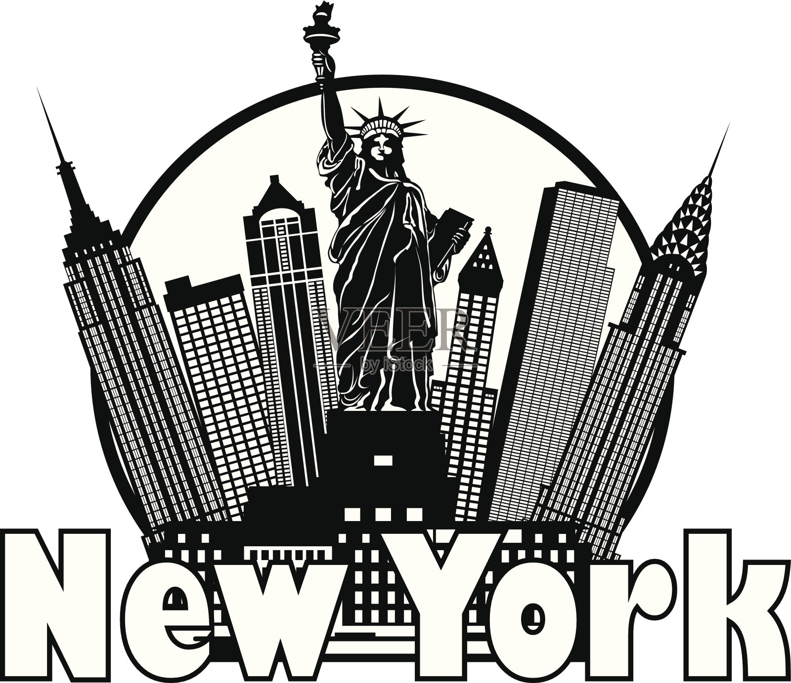 纽约市天际线黑白圆矢量插图插画图片素材