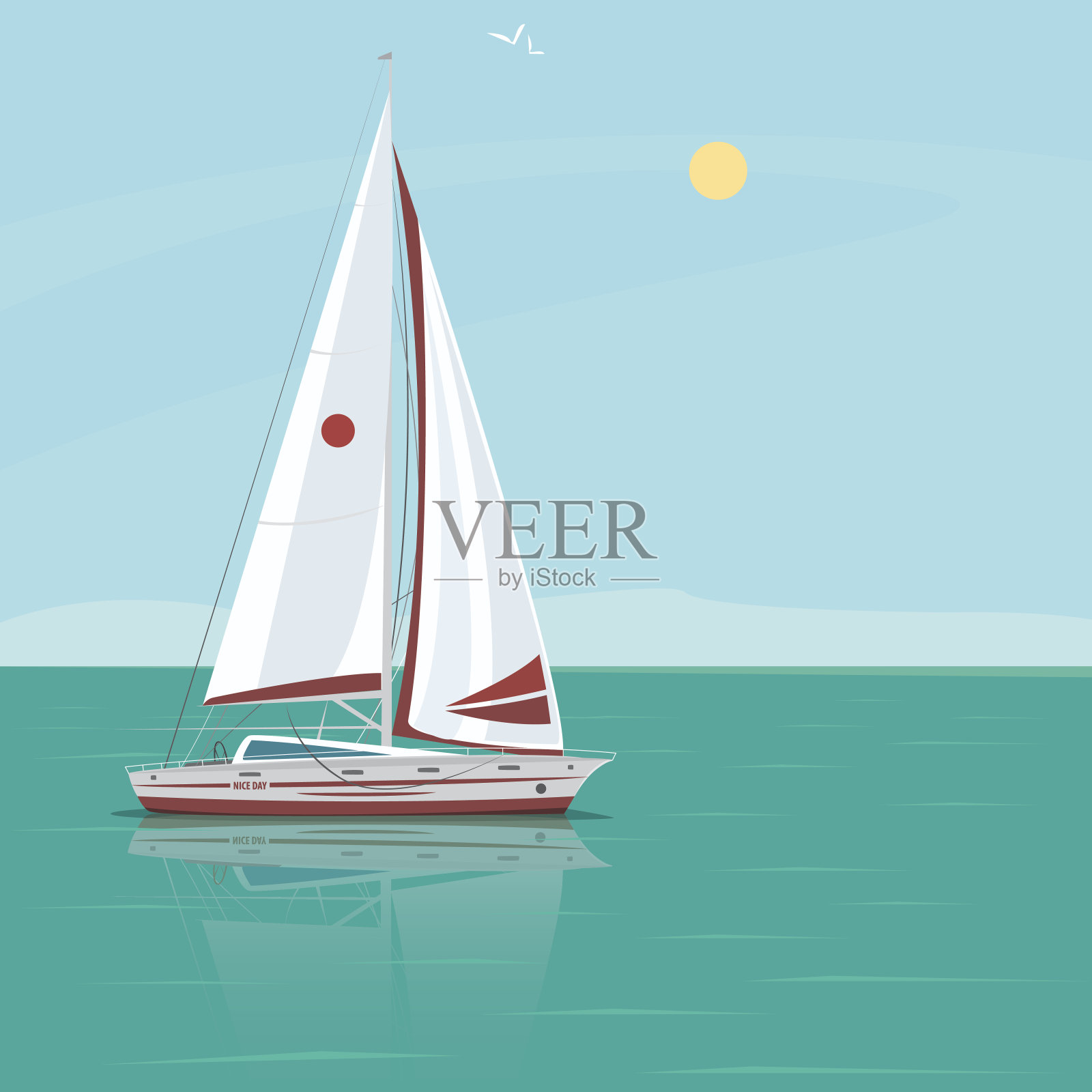 孤独的帆船在一个阳光明媚的日子里插画图片素材