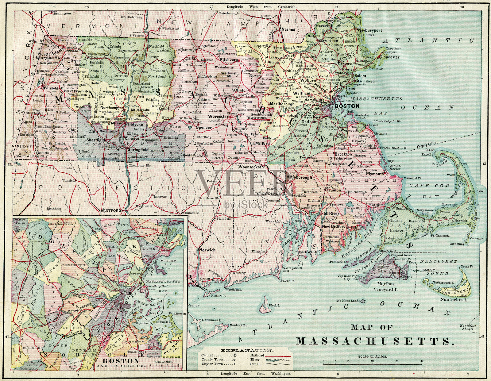 马萨诸塞州地图1884 XXXL照片摄影图片