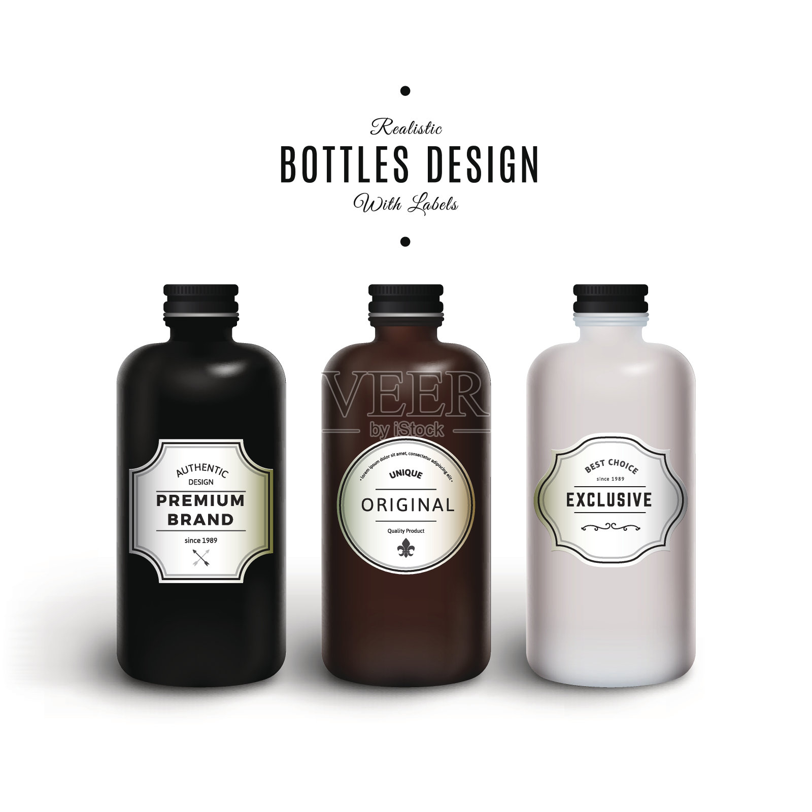 现实的黑色，棕色和白色矢量瓶与Vintage标签设计元素图片