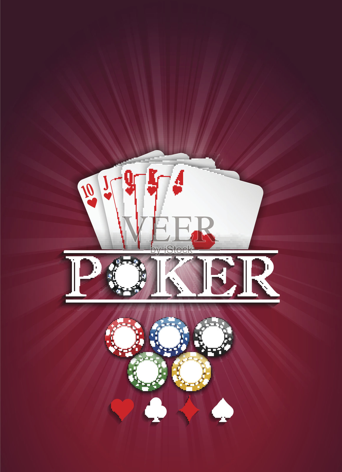 红色背景上的卡片和赌场筹码插画图片素材
