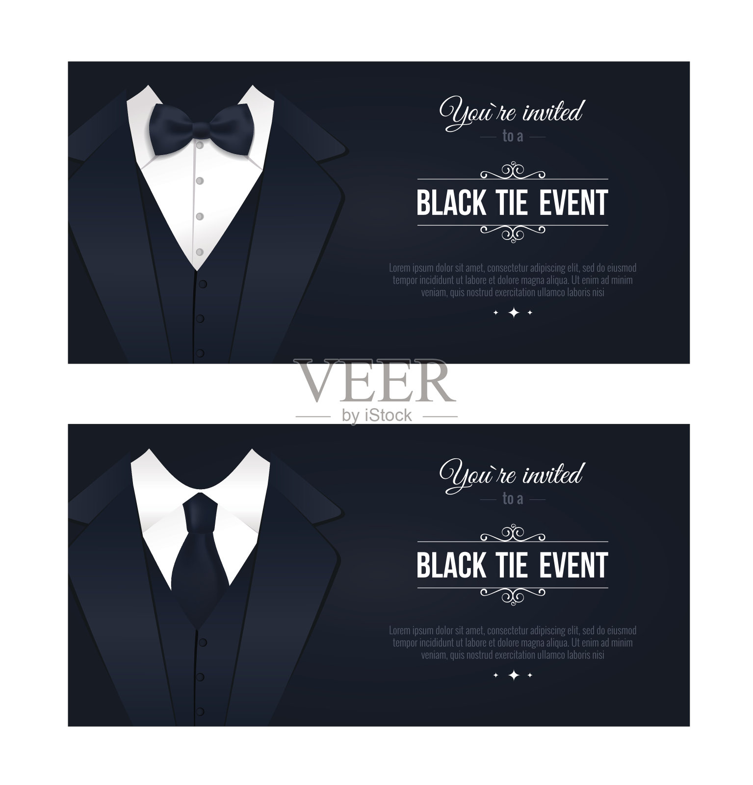 两个水平的黑领结活动邀请。设计模板素材